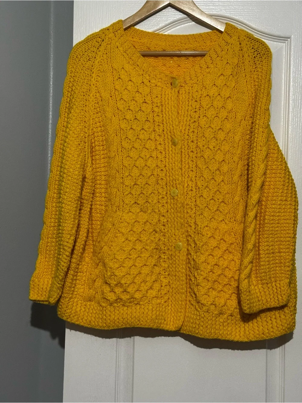 Vintage Plus Size Chunky Knit Button-Front waffle knit Sweater Cardigan - Yellow